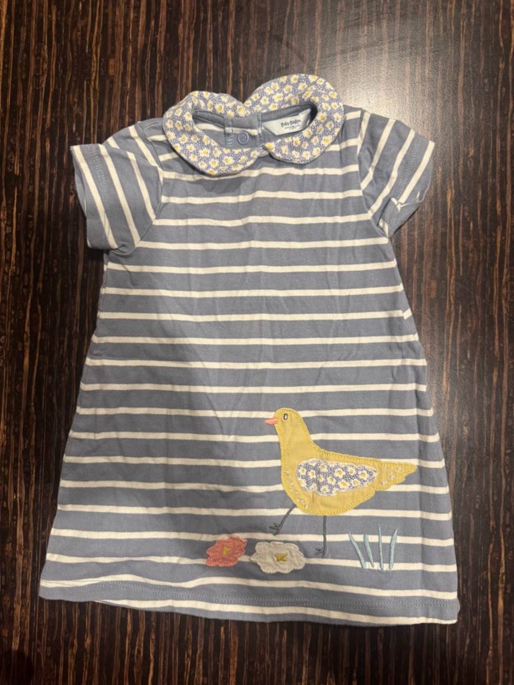 Baby Boden Blue and White Striped Dress with Daisy Collar and Yellow Bird